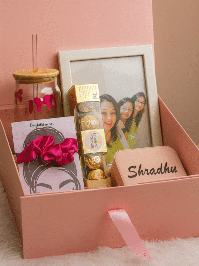 Customized Pink Ribbon Hamper Box with Gifts – ₹1299 | Birthday Gift | Bridesmaid | Anniversary