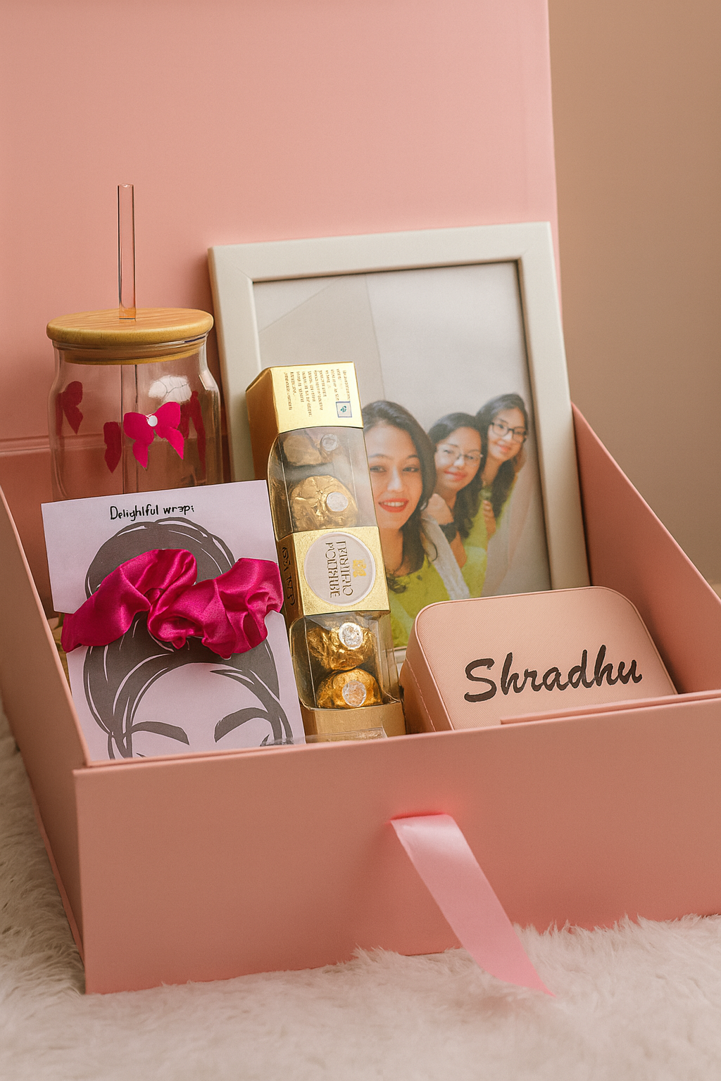 Customized Pink Ribbon Hamper Box with Gifts – ₹1299 | Birthday Gift | Bridesmaid | Anniversary