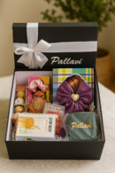 Black 12*12 inch hamper box customised with name in white. | Bridesmaid hamper | Birthday hamper for girls