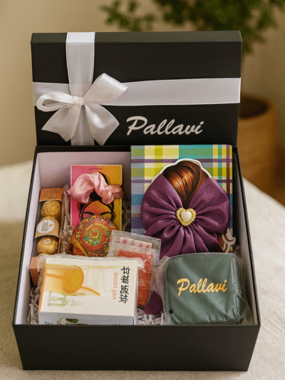 Black 12*12 inch hamper box customised with name in white. | Bridesmaid hamper | Birthday hamper for girls