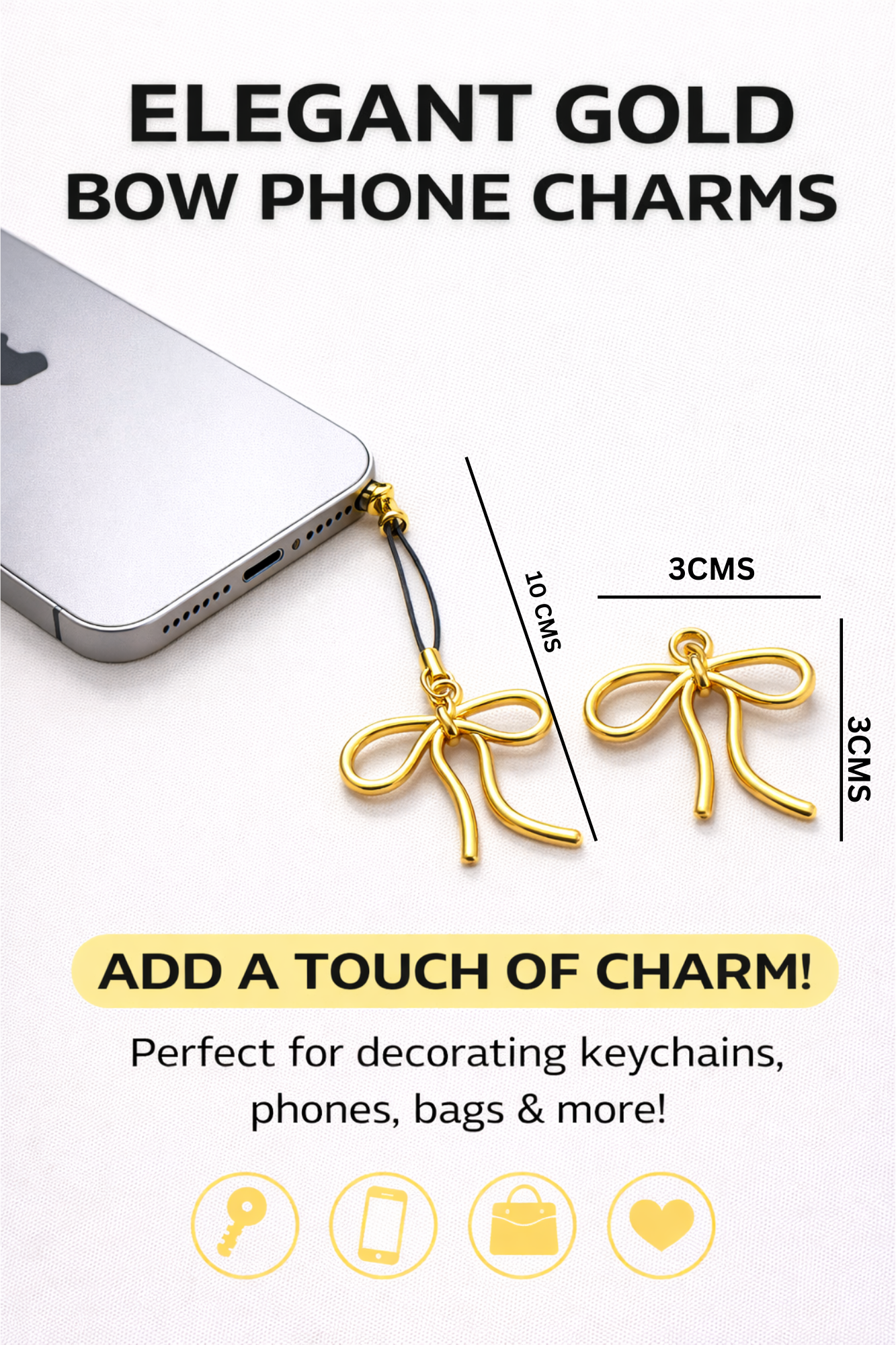 set of 2 Bow Phone Charm – Elegant Gold Mobile Accessory | Gift for girls | Trending phone charms - Image 3
