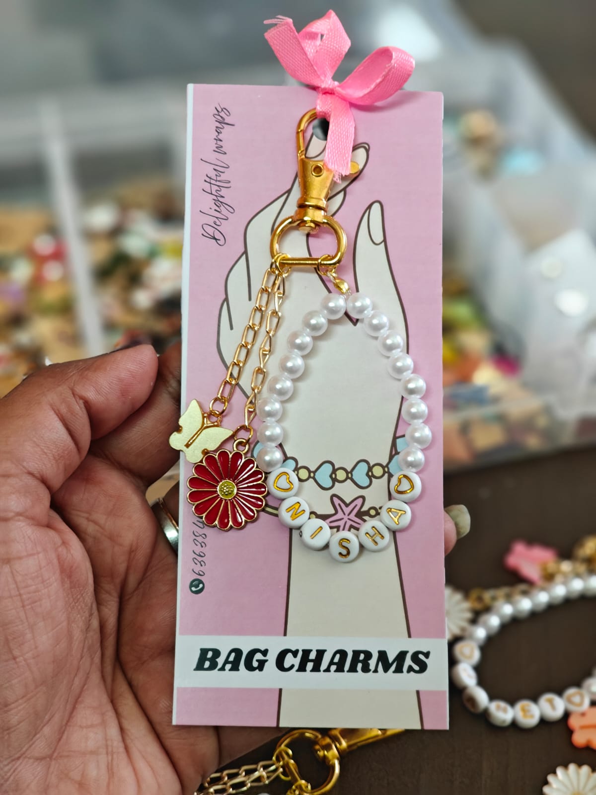 Personalized White Beads Bag Charm with Name | Gift for her | Birthday | Trending bag charms - Image 3