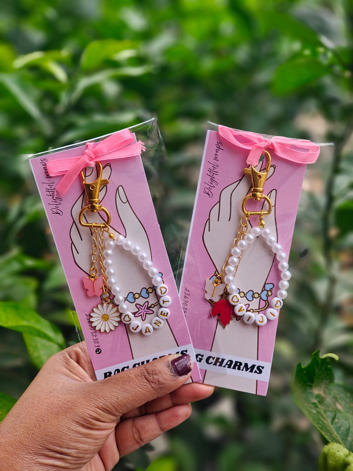 Personalized White Beads Bag Charm with Name | Gift for her | Birthday | Trending bag charms