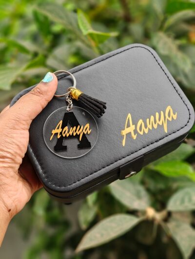 Combo – Customized Black Jewelry Box & Keychain (black- Gold Name)