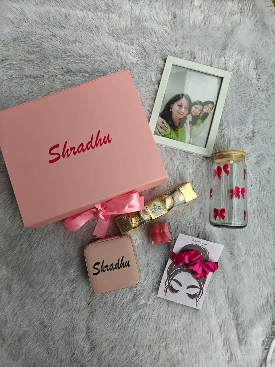 Customized Pink Ribbon Hamper Box with Gifts – ₹1299 | Birthday Gift | Bridesmaid | Anniversary - Image 2