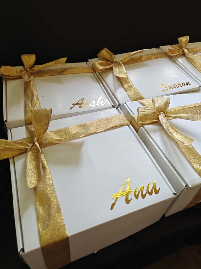 Bridesmaid hamper | White and gold packing | 8 *8 corrugated hamper box with gold ribbon - Image 3