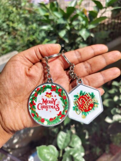 Merry Christmas Double side printed Keychains | Available in shapes- Circle and Hexagon