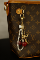 3D Cherry Bag Charm with Anti-Tarnish Gold Chain links | PVD coated | Stainless Steel Gold bow | white Pearls | Keychain ring attached