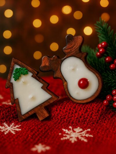 Wooden Base Christmas Tree & Reindeer Scented Candle – 7 Inch Festive Decor