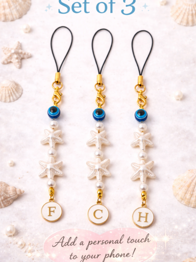 CUSTOMISED WITH INITIAL EVIL EYE PHONE CHARMS | WHITE SEA-SHELL BEADS