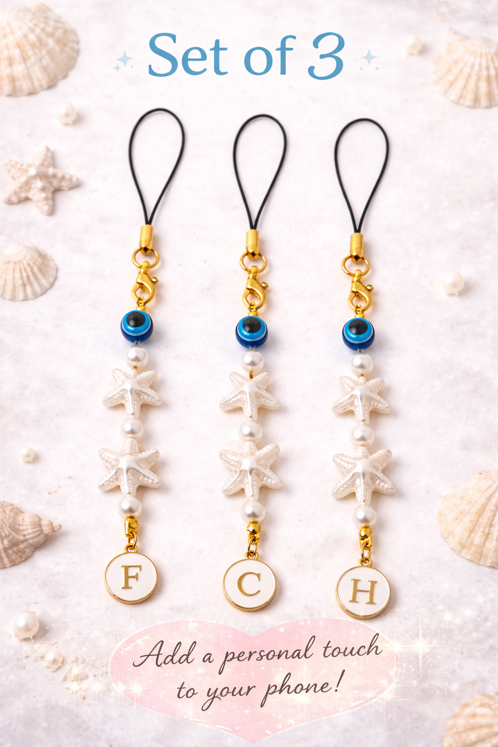 CUSTOMISED WITH INITIAL EVIL EYE PHONE CHARMS | WHITE SEA-SHELL BEADS
