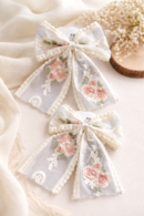 SET OF 2 FLORAL ELEGANT EMBROIDERED NETTED HAIR BOW CLIPS | WHITE | BRIDESMAIDS GIFTS