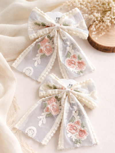 SET OF 2 FLORAL ELEGANT EMBROIDERED NETTED HAIR BOW CLIPS | WHITE | BRIDESMAIDS GIFTS